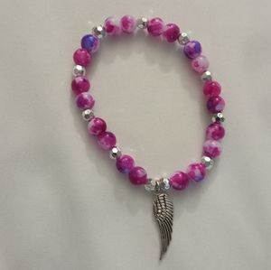 Hand Crafted angel wing beaded statement bracelet pink and silver